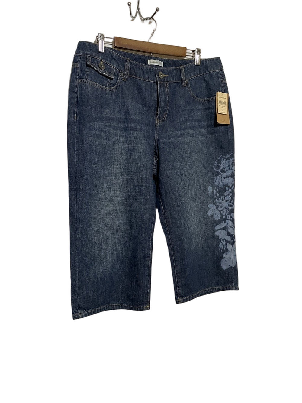 COLDWATER Creek Dark Wash Denim Capri Jeans with Side Floral Print 16P